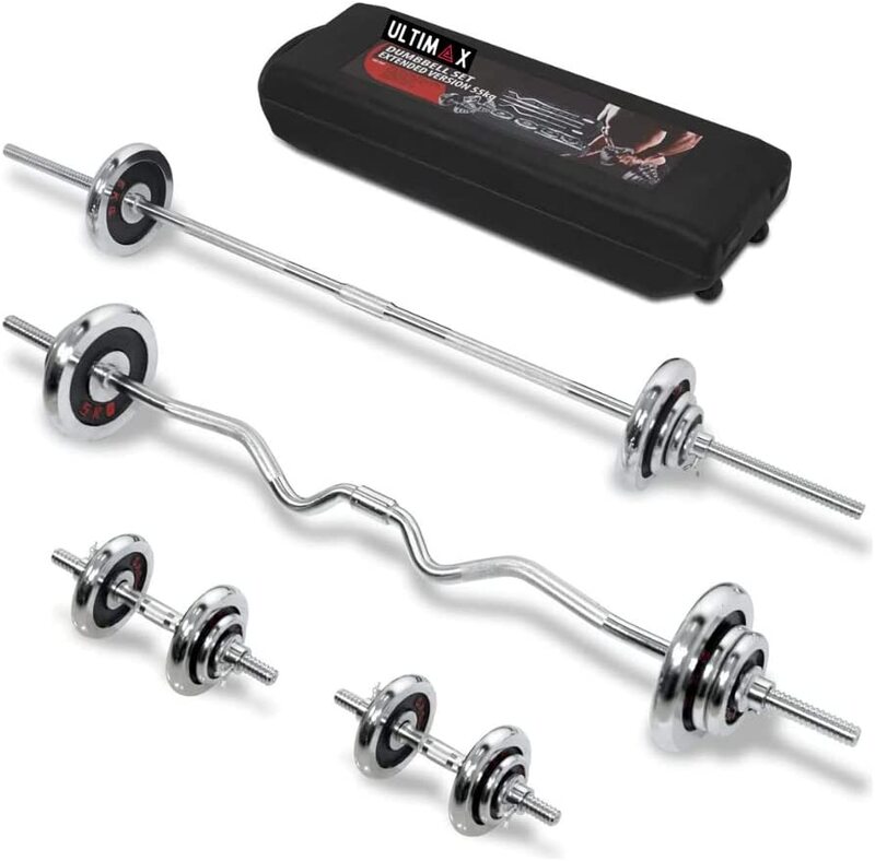 ULTIMAX 55 Kgs Dumbbell and Barbell Set Chrome Steel Adjustable Dumbbells Barbell with Connector Options Each Other Convertible for Home Gym Office Exercise Fitness - Silver